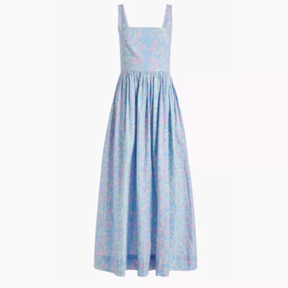 Classic Blue Floral Midi Dress with Square Neck